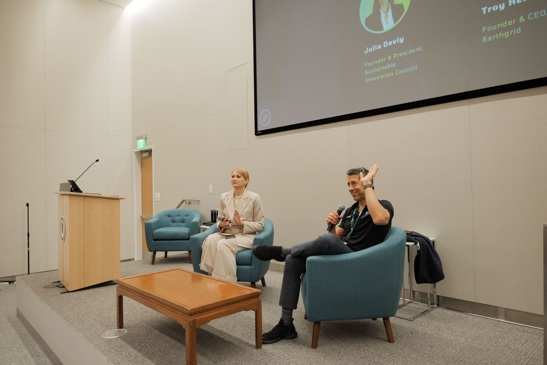 Capital Day fireside 'Innovation → Deployment: How Climate Tech Gets Built' with Julia Daviy of Sustainable Innovation Council and Troy Helming of Earthgrid on the UC Law SF stage